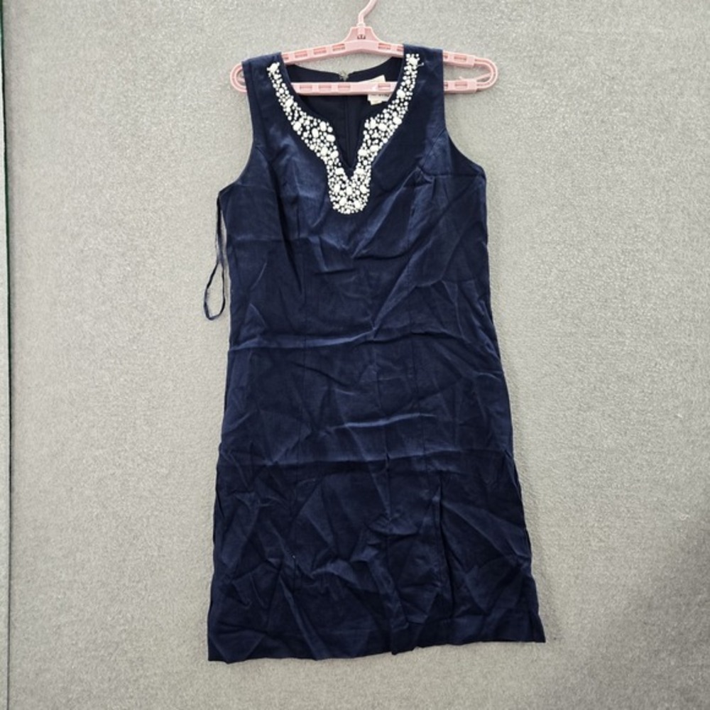 Charter Club Women Dress 8P Blue Knee Length Sheath Embellished Linen Sleeveless